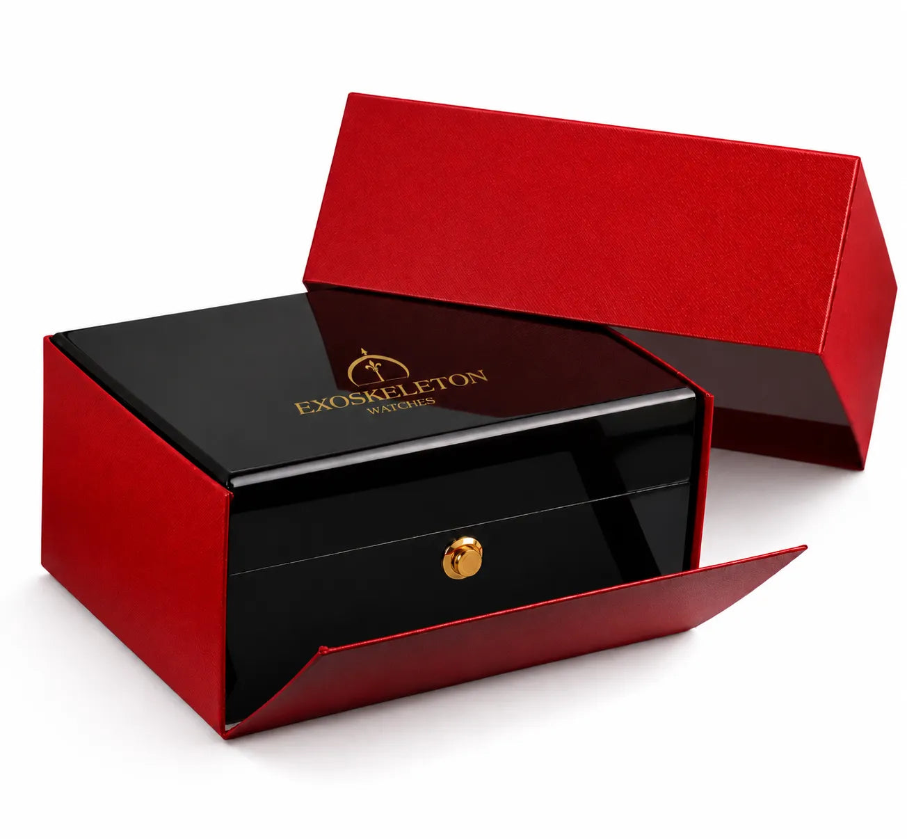 Red and black jewelry box with 'Exoskeleton' branding on a white background