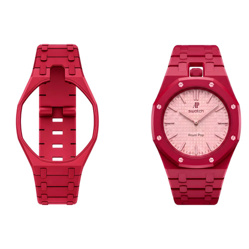 Red watch with a pink face on a white background