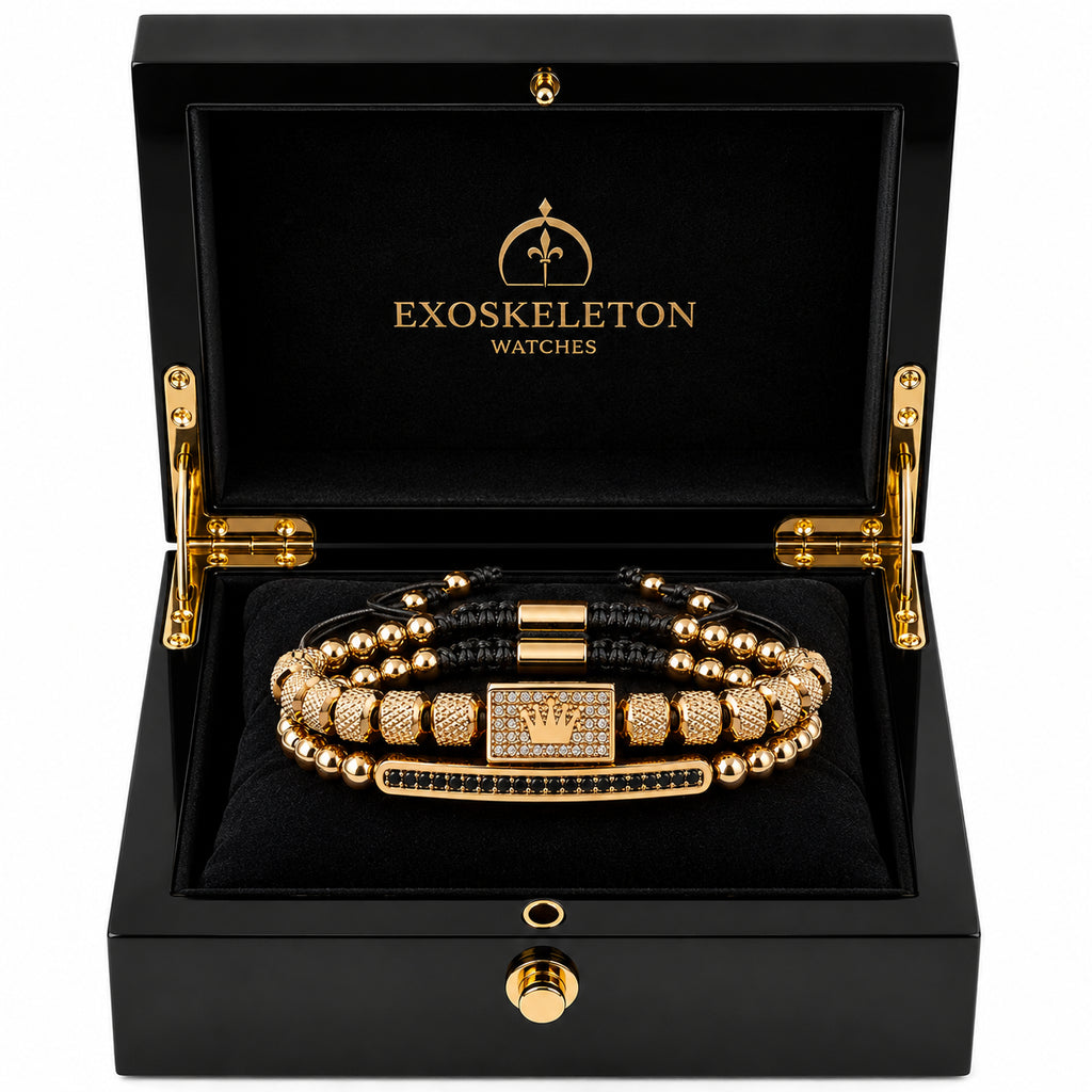 Gold bracelet in a black Exoskeleton Watches box